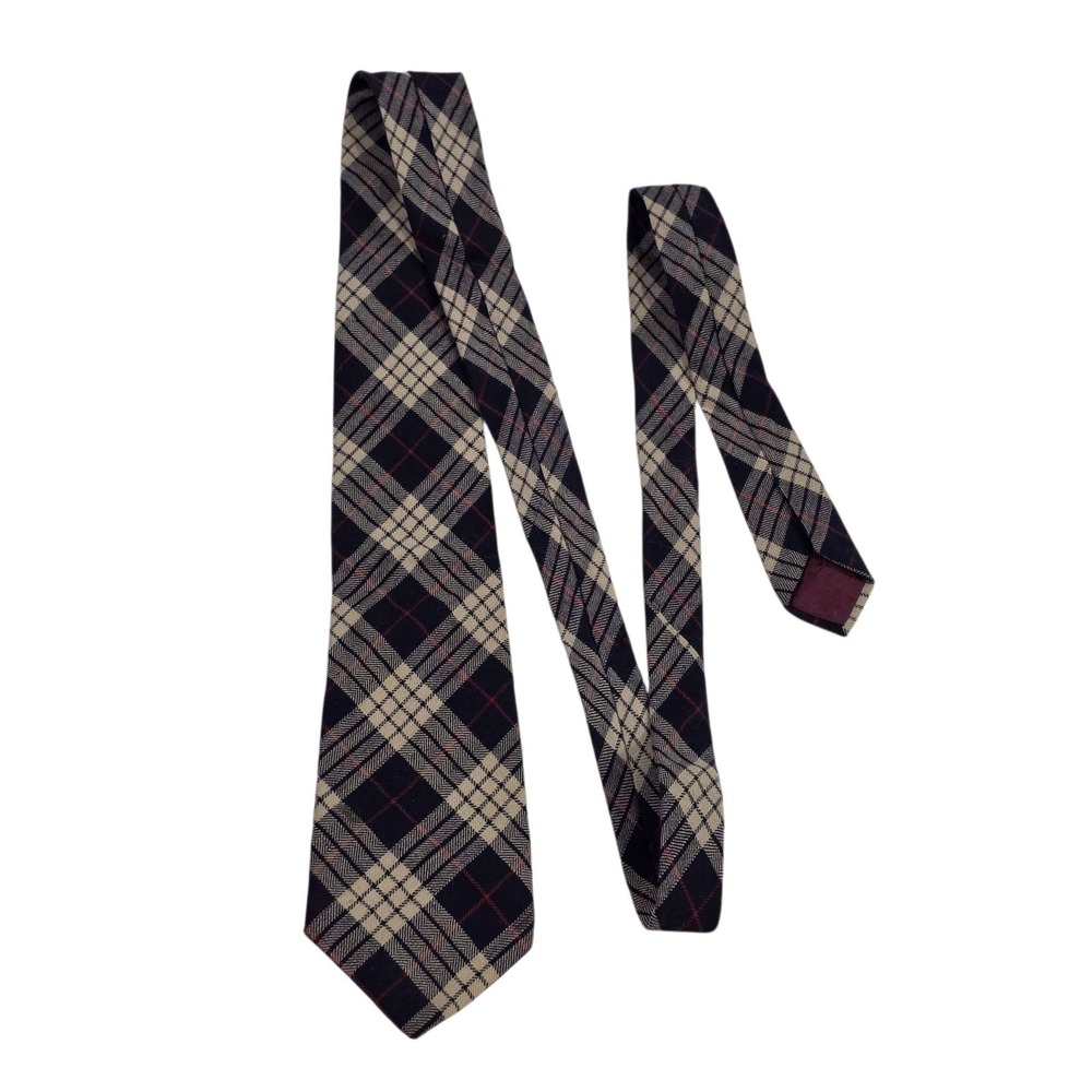 Viyella Tartan Plaid Wool Cotton Men's Necktie Woven in Scotland Beige Navy Red‎